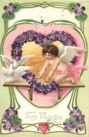 To my Valentine, love greeting card, angel, doves, floral litho