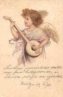 1899 Angel with lute, greeting card, litho (EK)