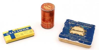 cca 1930-1950 Fém és papír gyógyszeres dobozok, az egyik Salvador)majdnem teljes tartalommal, 3 db / 3 pz. Vintage medicine boxes