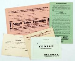 cca 1930-40 Tenisszel kapcsolatos nyomtatványok, borítékok,vegyes méretben és minőségben, 5db
