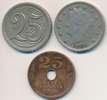 Vegyes: Amerikai Egyesült Államok 1906. 5c Cu-Ni + Csehszlovákia 1933. 25h Cu-Ni + Jugoszlávia 1938. 25p Br T:2,2- Mixed: USA 1906. 5 Cents Cu-Ni + Czechoslovakia 1933. 25 Haleru Cu-Ni + Yugoslavia 1938. 25 Para Br C:XF,VF