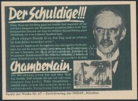 cca 1943 A Nemzetiszocialista Német Munkáspárt Chamberlain ellenes kiadványa, papír, 7x10cm, Der Schuldige!!! Chamberlain Parole der Woche nr. 47/ Zentralverlag der NSDAP., München./ Anti-Chamberlain publication of NSDAP., München