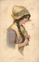 3 db RÉGI művészlap két lithoval; hölgyek, Haskell Cottin szignó / 3 old art postcards with two lith...