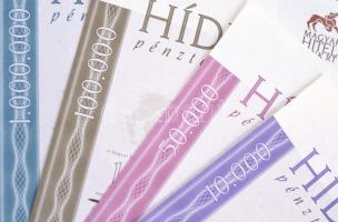 DN "Magyar Hitel Bank Rt. - Hídfő pénztárjegy" (4xklf) 10.000Ft-ról, 50.000Ft-ról, 100.000Ft-ról, 1.000.000Ft-ról, mind "MINTA" T:I