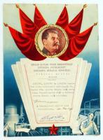 1949 Sztálin arcképével díszített szocreál oklevél munkafelajánlásról, kis lyukkal, 28x20cm