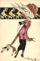 French fashion art postcard, lady, dog s: Balbo del Vella