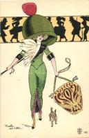 French fashion art postcard, lady, dog s: Balbo del Vella
