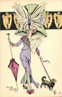 French fashion art postcard, lady, dog s: Balbo del Vella