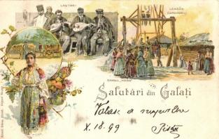 1899 Galati, Lautari, Leagan, Dansul Hora / folklore, fruits, Künzli Nr. 998. litho (fl)