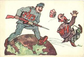 1914-1915 Humoros világháborús grafikai lap, kiadja a Magyar Földrajzi Intézet Rt. / Austrian-Hungarian military, WWI propaganda s: Biró (EK)