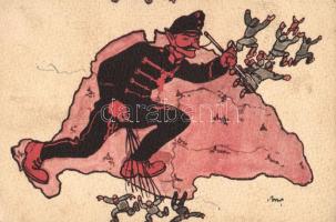 Humoros világháborús grafikai lap, kiadja a Magyar Földrajzi Intézet Rt. / Austrian-Hungarian military, WWI propaganda, Krampus, humour s: Bíró (EB)