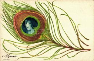 Peacock feather, lady, litho, unsigned Raphael Kirchner (?)