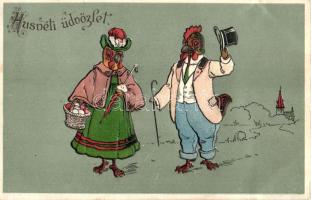 Easter, chicken couple, Emb. litho