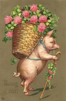 New Year, pig with basket, E.A.S. Emb. litho