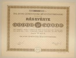 1926. "Balatoni Cementgyár Rt." részvénye 13P-ről, szelvényekkel