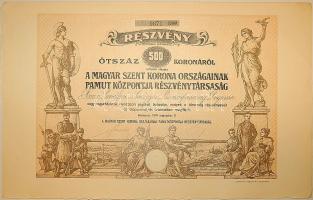 1916. "A Magyar Szent Korona Országainak Pamut Központja Rt." részvénye 500K-ról, szelvényekkel