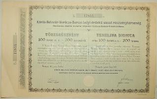 1912. "Kőrös-Belovár-Verőcze-Barcsi HÉV Rt." törzsrészvénye 200K-ról, szelvényekkel
