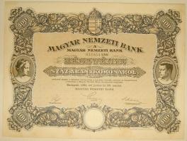 1924. "Magyar Nemzeti Bank" részvénye 100K-ról, szelvényekkel