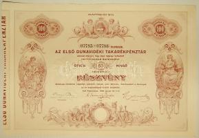1930. "Első Dunavidéki Takarékpénztár" részvénye 50P-től, szelvényekkel