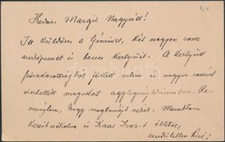 Herczeg Ferenc (1863-1954) író személyes hangvételű sorai névjegykártyájának hátoldalán