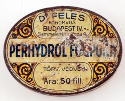 Perhydrol Dr. Feles Fogorvos Budapest, IV. Semmelweis utcza 4. fém gyógyszeres doboz, 8x6x2cm