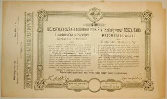 1894. "Héjasfalva-Székelyudvarhelyi H.É.V Rt." elsőbbségi részvénye 100Ft-ról, szelvényekkel