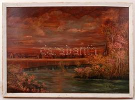 Illés jelzéssel: Házak a tó partján. Olaj, farost, keretben, 50×70 cm