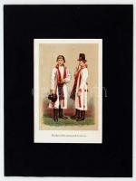 cca 1900 Krakovidéki parasztok (Galiczia), színes nyomat, paszpartuban, 14,5×9 cm
