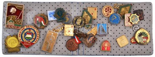 29db-os vegyes magyar és külföldi jelvény és kitűző tétel, közte "Volán Törzsgárda 25 év" fém jelvény, "A Magyar Népköztársaság Úttörője" festett fém jelvény T:vegyes