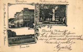 Módos, Községháza, Milleniumi emlékoszlop, híd, Mattanovich kiadása / town hall, statue, floral (Rb)