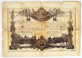 1881 Veszprém, Közhuszár számára kiállított honvéd végelbocsátó levél, hajtott, több helyen szakadt