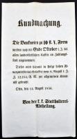 Buda 1856. A császári királyi helytartósági osztály által kiadott hirdetmény az V. formáju 10 for. bankjegyekről, német nyelven