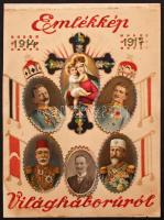 1914-1917 Emléklap az első világháborúról, litho képekkel, 1 db keményhátú fotóval, a litho képek IV. Károly magyar királyt, II. Vilmos német császárt, V. Ahmed oszmán szultán, I. Ferdinánd bolgár cárt ábrázolják, 43x32 cm