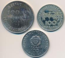 1980. 100Ft Ni "Szovjet-magyar közös űrrepülés" sérült, plombált MNB plasztiktokban + 1983. 100Ft Cu-Ni "FAO" eredeti tokban tanúsítvánnyal + 1984. 100Ft alpakka "Kőrösi Csoma Sándor" eredeti tokban tanúsítvánnyal T:BU,PP