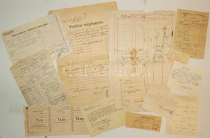 1886-tól 13 db régi nyugta, beutaló, elismervény, fizetési meghagyás, bestedési jegyzék