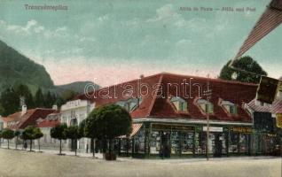 Trencsénteplic-fürdő, Attila szálló, Posta, csemegáruház, Muskáth Miksa és Ondrejcska üzlete / hotel, post office, shops (fl)