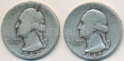 Amerikai Egyesült Államok 1942-1943. 1/4$ Ag Washington Quarter (2x) T:3 USA 1942-1943. 1/4 Dollar Ag Washington Quarter (2x) C:F