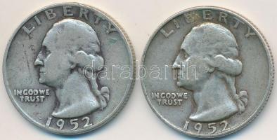 Amerikai Egyesült Államok 1952D 1/4$ Ag Washington Quarter (2x) T:3 USA 1952D 1/4 Dollar Ag Washington Quarter (2x) C:F