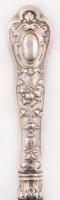 Gazdagon díszített ezüst (Ag.) nyelű fém húsvilla, jelzett, mesterjeggyel, h: 26 cm, br. 77,5 g
