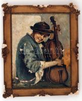 Follemantal jelzéssel: Utcazenész. Olaj, karton, sérült, 28×23 cm