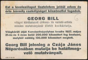 1927 Georg Bill veszélyes mutatványairól híres cirkusz- és varieté-artista reklámos levelezőlapja