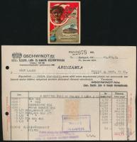 1943 A Gschwindt-féle Szesz-, Élesztő-, Likőr- és Rumgyár Részvénytársaság számlája és dekoratív italcímkéje
