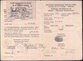 1945 A dachau-türkheimi koncentrációs táborból hazaengedett egyén szabadulási igazolványa, ujjlenyomattal, személyazonosító kártyával / 1945 Provisional indentification card for civilian internee of K.-Z.-Dachau-Türkheim