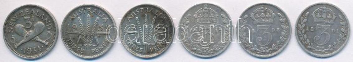 Vegyes: Nagy-Britannia 1891. 3P Ag + 1898. 3P Ag "Viktória" + 1917. 3P Ag "V. György" + Új-Zéland 1934. 3P Ag "V. György" + Ausztrália 1949. 3P Ag "VI. György" + 1959. 3P Ag "II. Erzsébet" T:2,2- enyhén hajlott Mixed: Great Britain 1891. 3 Pence Ag + 1898. 3 Pence Ag "Victoria" + 1917. 3 Pence Ag "George V" + New Zealand 1934. 3 Pence Ag "George V" + Australia 1949. 3 Pence Ag "VI. György" + 1959. 3 Pence Ag "Elizabeth II" C:XF,VF slightly curved