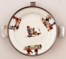 Melegentartó tányér, gyerekmotívumos porcelán betéttel, d: 17,5 cm
