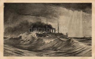 1916 SMS St. Georg, Verlag F. W. Schrinner / K.u.K. navy, artist signed, 1916 SMS St. Georg, K.u.K. haditengerészet páncélos cirkálója, művész aláírásával