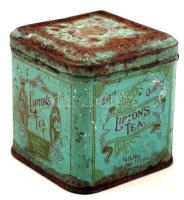 Lipton's Tea Extra Quality régi kopott, rozsdás fémdoboz, 8×8×8 cm