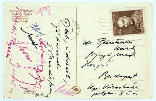 1948 Az MTK focicsapat tagjainak aláírása képeslapon: Hidegkúti, Sándor, Lantos, Kovács, Gelei ect.