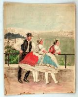 Jelzés nélkül: Népviseletben Budapest felett. Színes rézkarc, papír, foltos, körbevágva, 28×22 cm