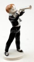 Hollóházi porcelán trombitás fiú, kézzel festett, hibátlan, jelzett, m: 14 cm